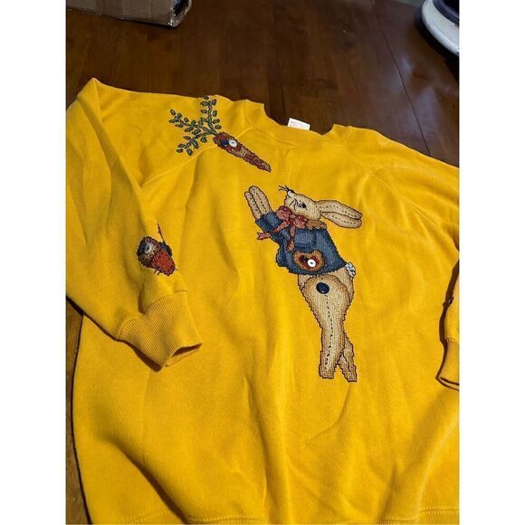 Vintage Hanes USA Yellow Cross Stitch Handmade Easter Bunny Crewneck Sweater XL - Picture 3 of 8